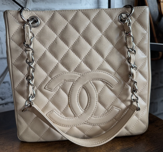 Chanel Petite Shopping Tote Beige Caviar Leather