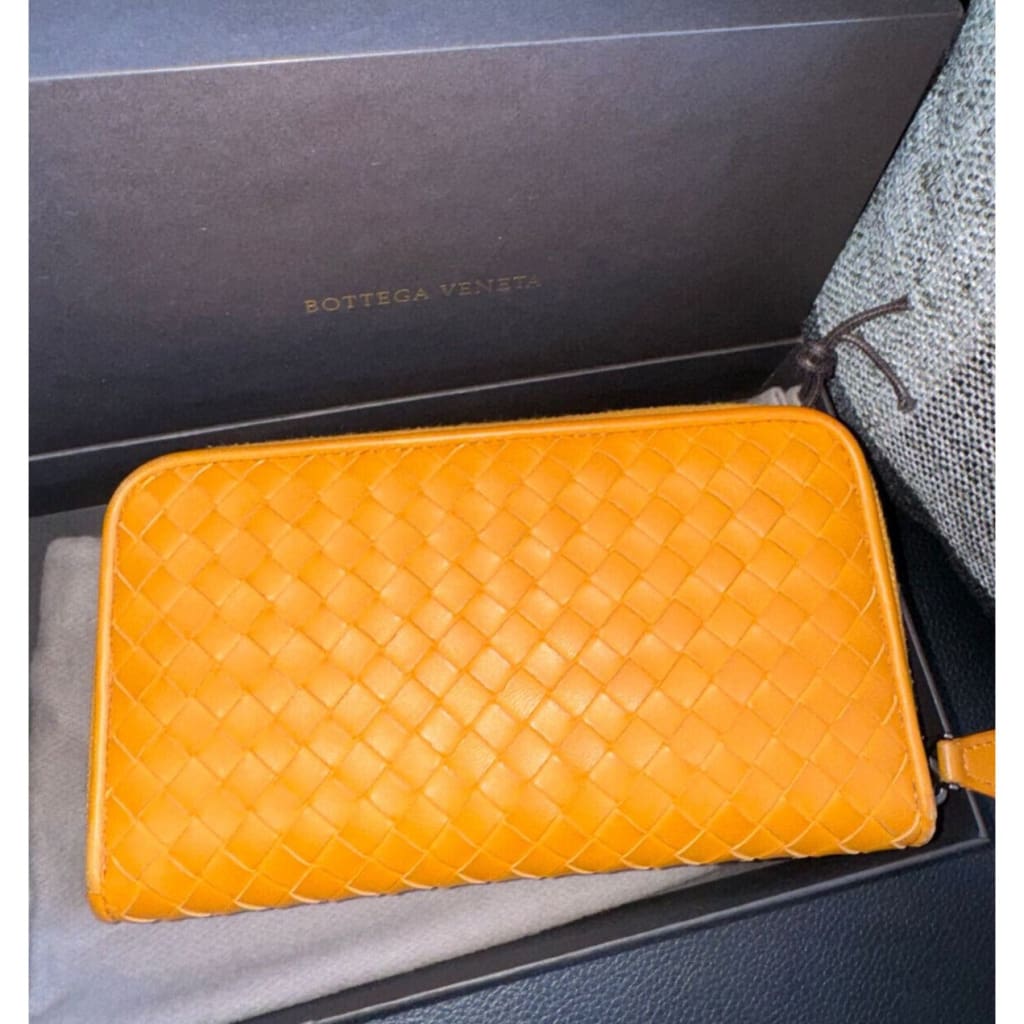 Bottega Veneta Nappa Intrecciato Zip Around Wallet Sunset (MSRP $1200) - Yellow / Zip-Around