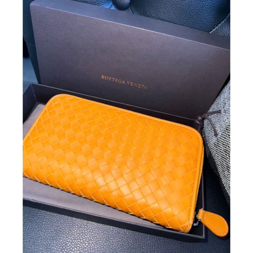 Bottega Veneta Nappa Intrecciato Zip Around Wallet Sunset (MSRP $1200) - Yellow / Zip-Around