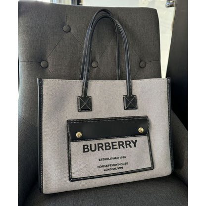 Burberry Small Freya Tote (MSRP $1,350) - black / canvas / tote