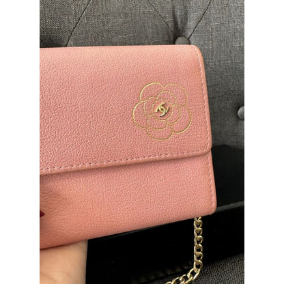 Chanel Camellia Pink Long Wallet With COA Aftermarket Chain and Box - Long Wallet / Pink / Leather