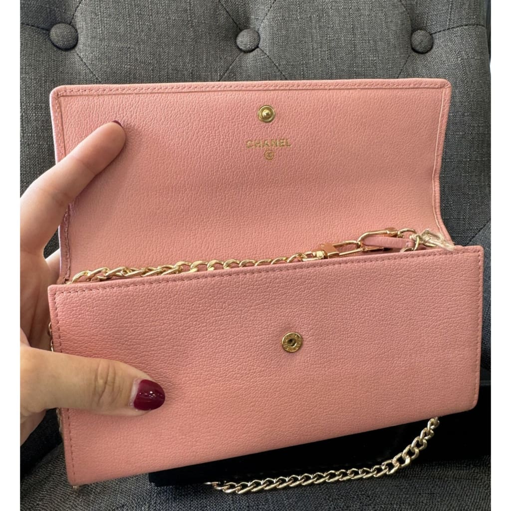 Chanel Camellia Pink Long Wallet With COA Aftermarket Chain and Box - Long Wallet / Pink / Leather