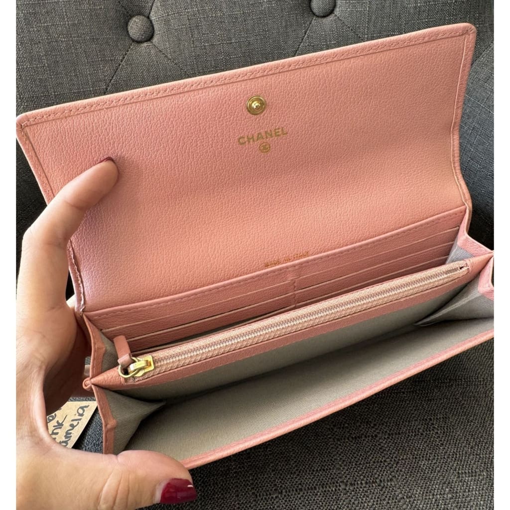 Chanel Camellia Pink Long Wallet With COA Aftermarket Chain and Box - Long Wallet / Pink / Leather