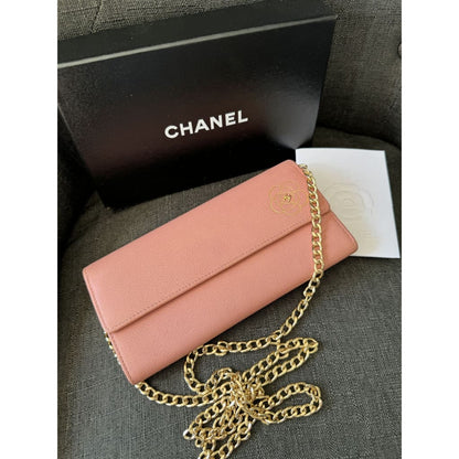 Chanel Camellia Pink Long Wallet With COA Aftermarket Chain and Box - Long Wallet / Pink / Leather