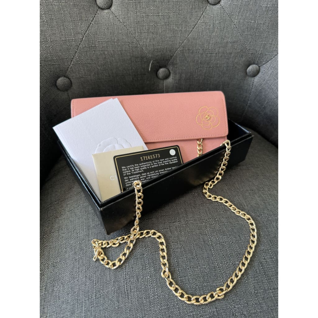 Chanel Camellia Pink Long Wallet With COA Aftermarket Chain and Box - Long Wallet / Pink / Leather