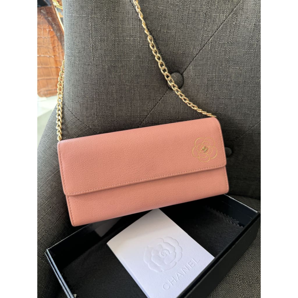 Chanel Camellia Pink Long Wallet With COA Aftermarket Chain and Box - Long Wallet / Pink / Leather