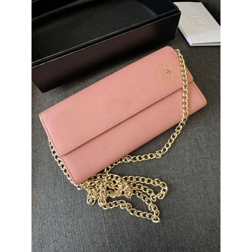 Chanel Camellia Pink Long Wallet With COA Aftermarket Chain and Box - Long Wallet / Pink / Leather