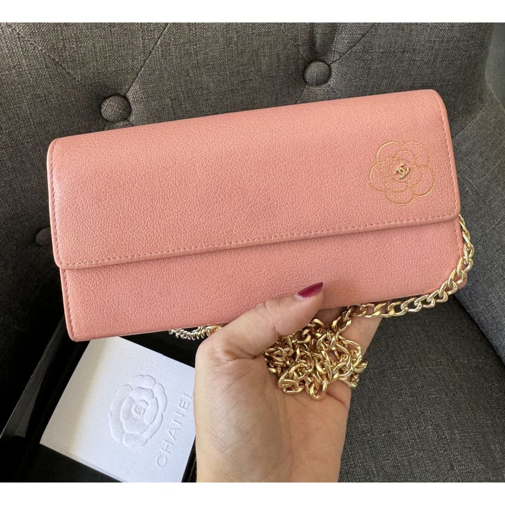 Chanel Camellia Pink Long Wallet With COA Aftermarket Chain and Box - Long Wallet / Pink / Leather