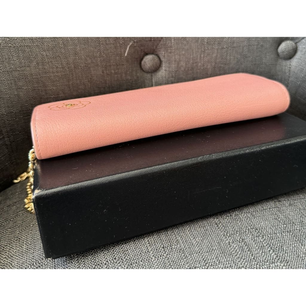 Chanel Camellia Pink Long Wallet With COA Aftermarket Chain and Box - Long Wallet / Pink / Leather