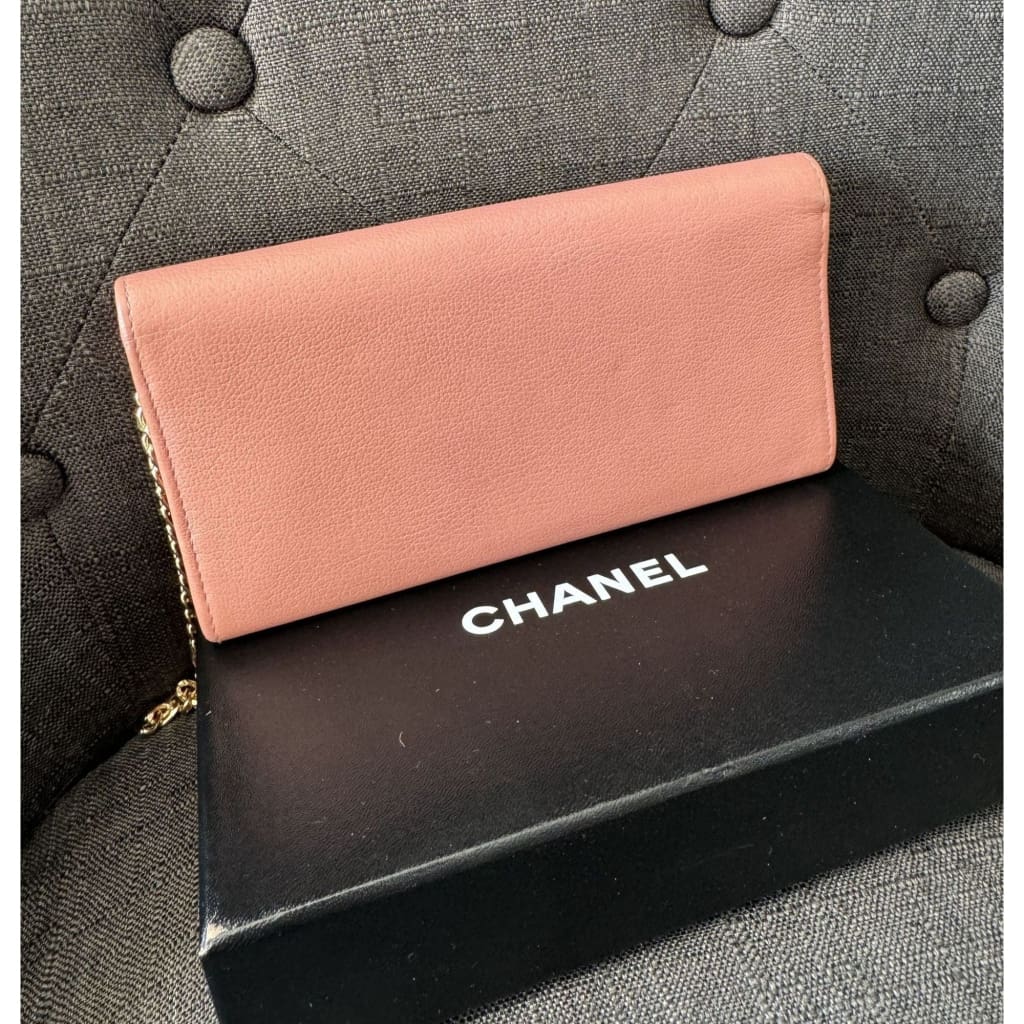 Chanel Camellia Pink Long Wallet With COA Aftermarket Chain and Box - Long Wallet / Pink / Leather