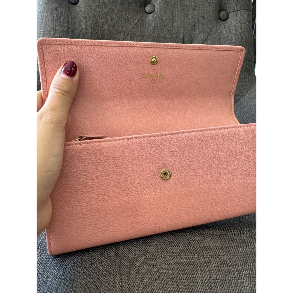 Chanel Camellia Pink Long Wallet With COA Aftermarket Chain and Box - Long Wallet / Pink / Leather