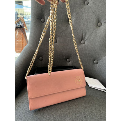 Chanel Camellia Pink Long Wallet With COA Aftermarket Chain and Box - Long Wallet / Pink / Leather