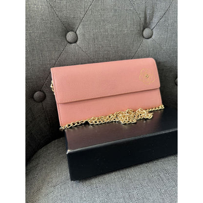 Chanel Camellia Pink Long Wallet With COA Aftermarket Chain and Box - Long Wallet / Pink / Leather