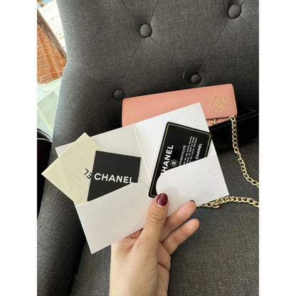 Chanel Camellia Pink Long Wallet With COA Aftermarket Chain and Box - Long Wallet / Pink / Leather