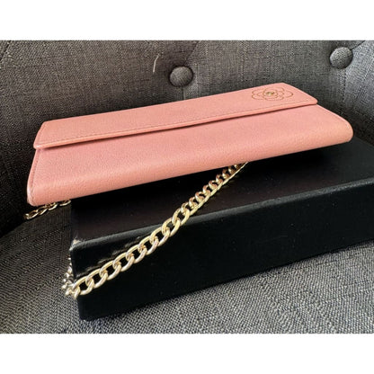 Chanel Camellia Pink Long Wallet With COA Aftermarket Chain and Box - Long Wallet / Pink / Leather