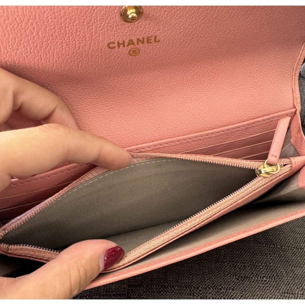 Chanel Camellia Pink Long Wallet With COA Aftermarket Chain and Box - Long Wallet / Pink / Leather