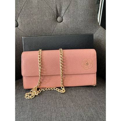 Chanel Camellia Pink Long Wallet With COA Aftermarket Chain and Box - Long Wallet / Pink / Leather