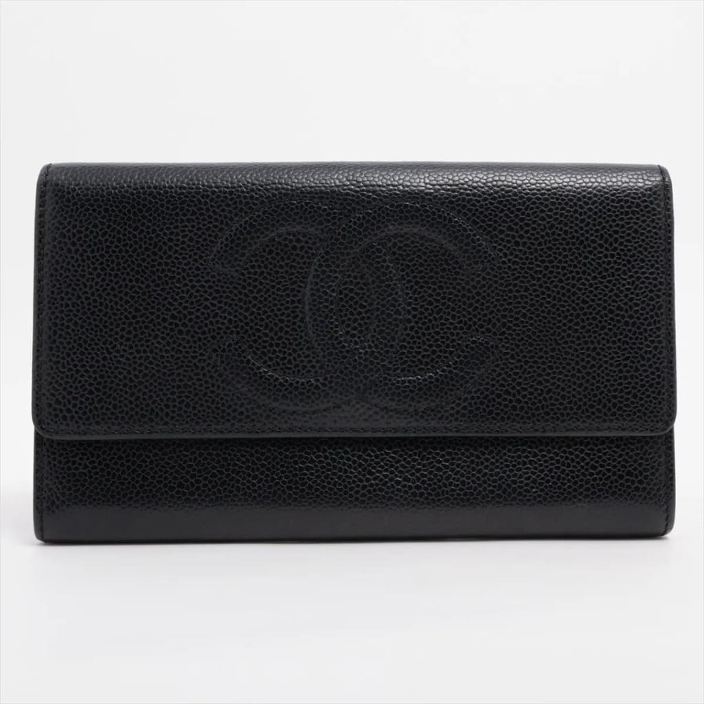 Chanel CC Black Caviar Long Wallet - Black / Leather / long wallet