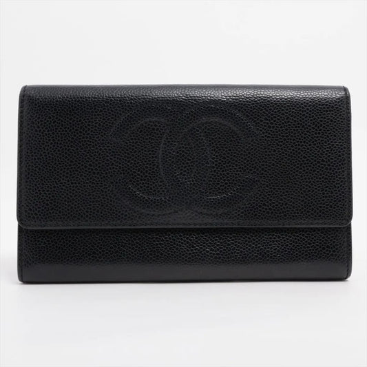 Chanel CC Black Caviar Long Wallet - Black / Leather / long wallet