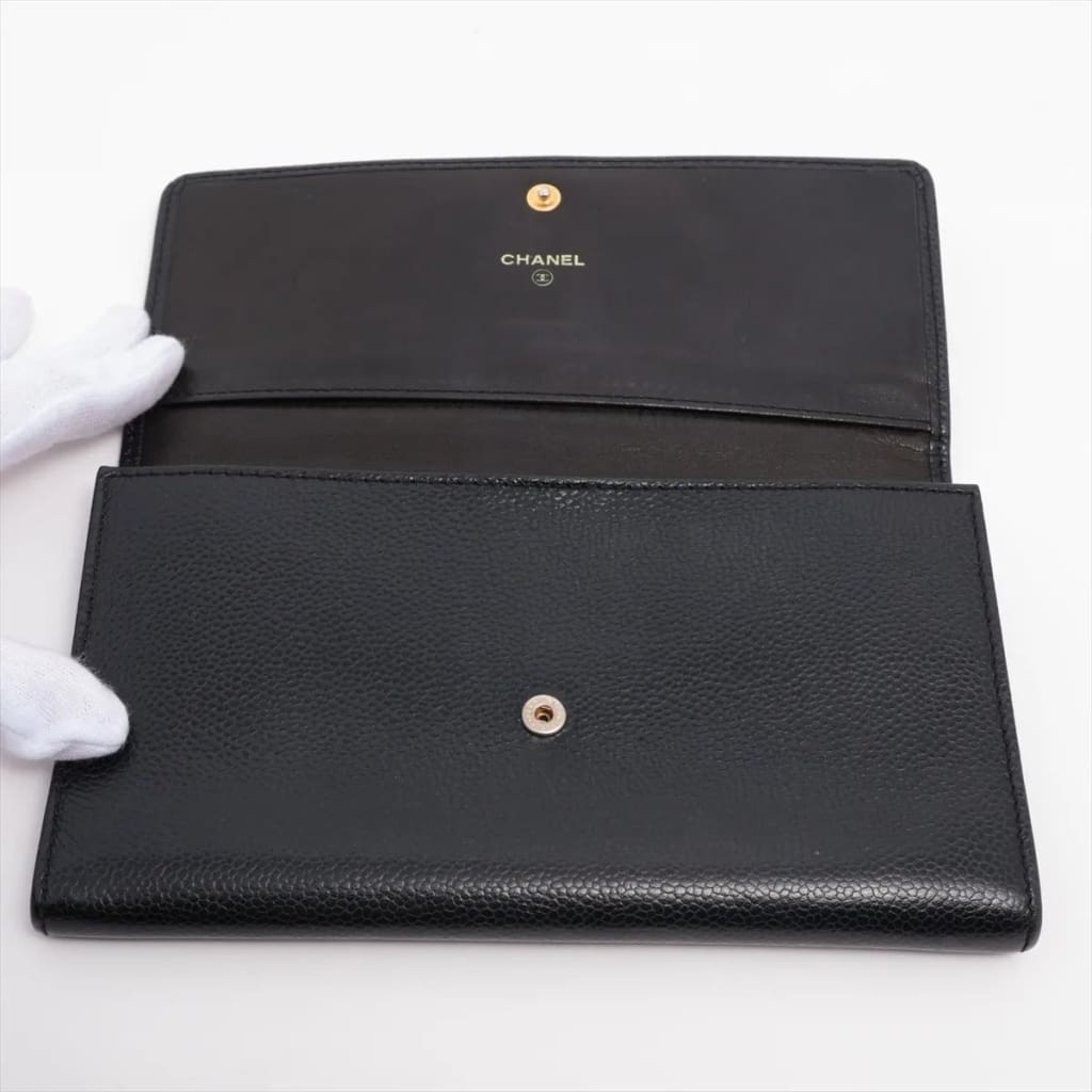 Chanel CC Black Caviar Long Wallet - Black / Leather / long wallet