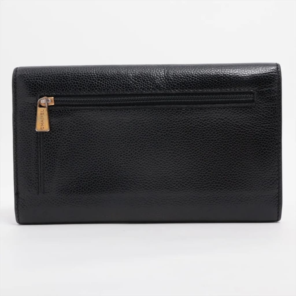 Chanel CC Black Caviar Long Wallet - Black / Leather / long wallet