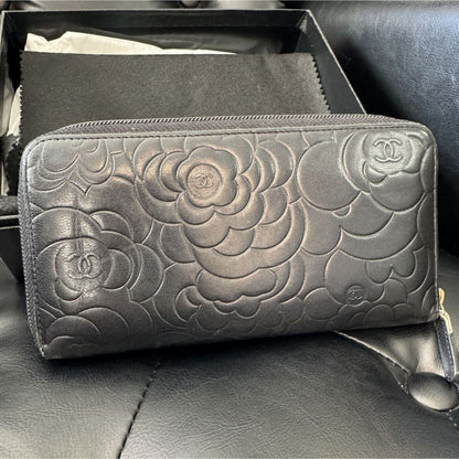 Chanel Lambskin Camellia Embossed Large Zippy Wallet Black - Black / Leather / Long Wallet