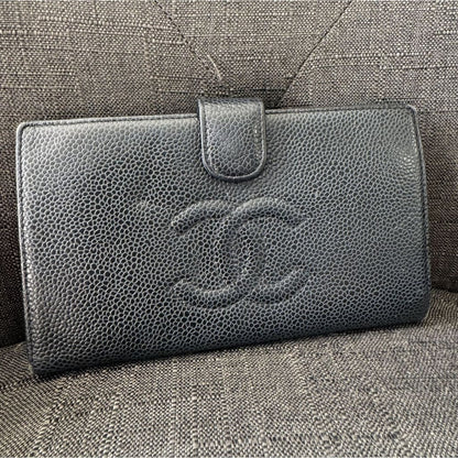 Chanel Vintage Black Caviar Skin Leather Coco Mark Long Wallet