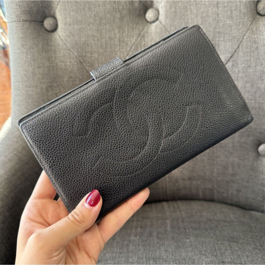 Chanel Vintage Black Caviar Skin Leather Coco Mark Long Wallet - Long Wallet / Black / Leather