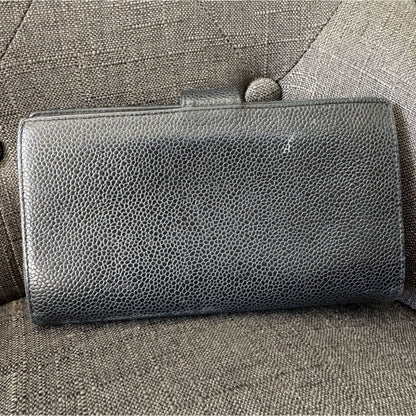 Chanel Vintage Black Caviar Skin Leather Coco Mark Long Wallet