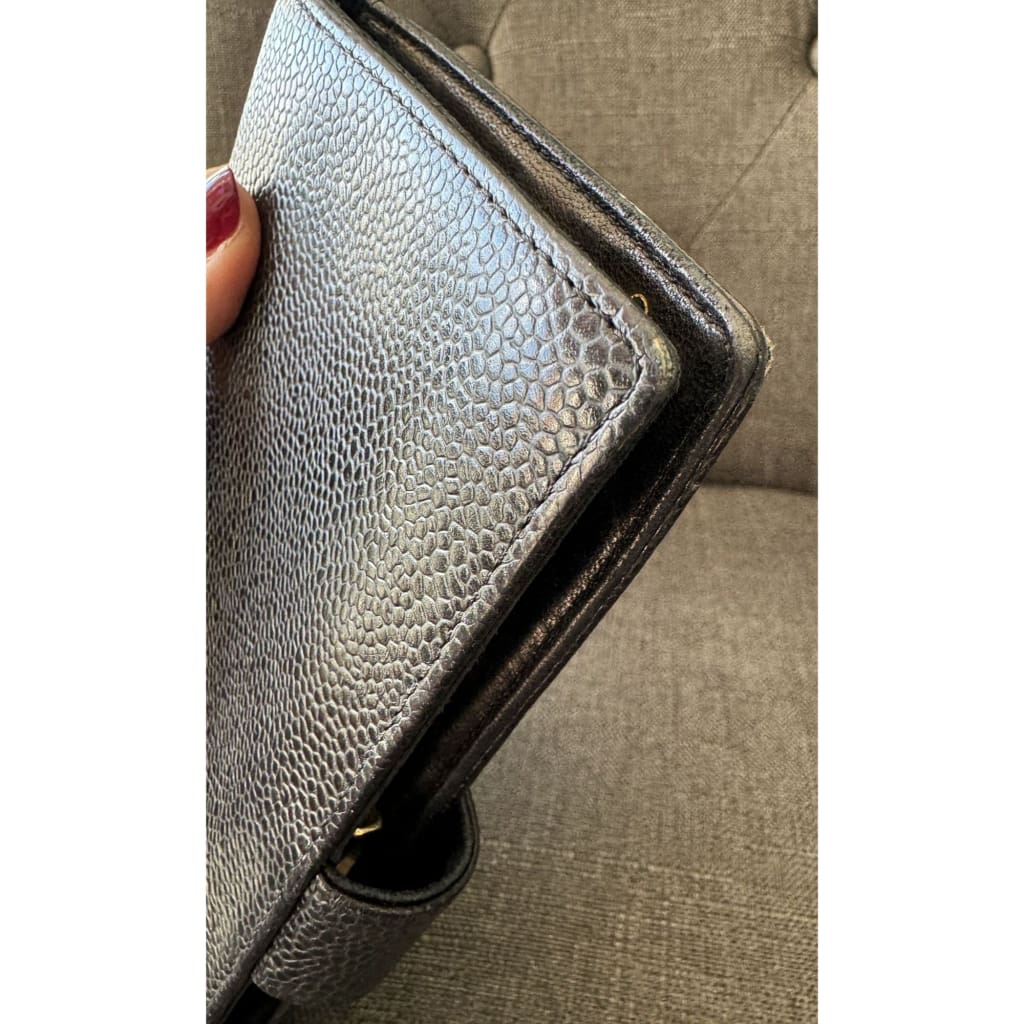 Chanel Vintage Black Caviar Skin Leather Coco Mark Long Wallet