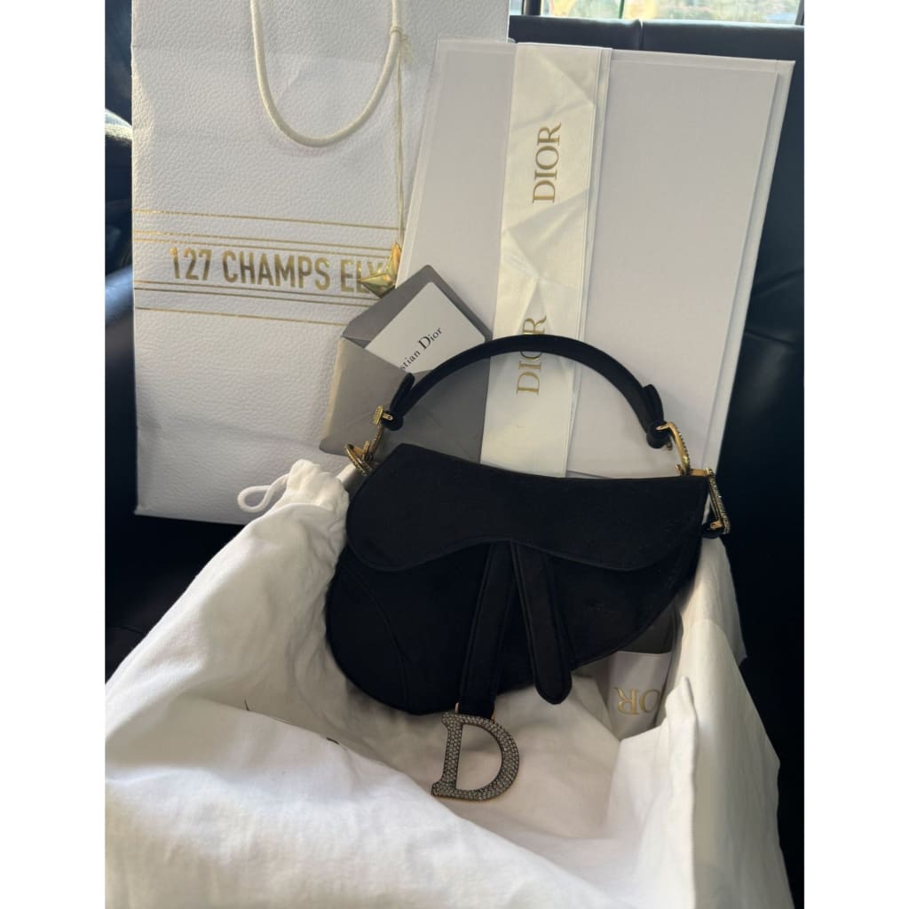 Dior NWB Velvet And Rhinestone Saddle Bag From Paris with Box Gift bag Dust Bag and COA - Black / Velvet / Top Handle Bag