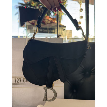 Dior NWB Velvet And Rhinestone Saddle Bag From Paris with Box Gift bag Dust Bag and COA - Black / Velvet / Top Handle Bag