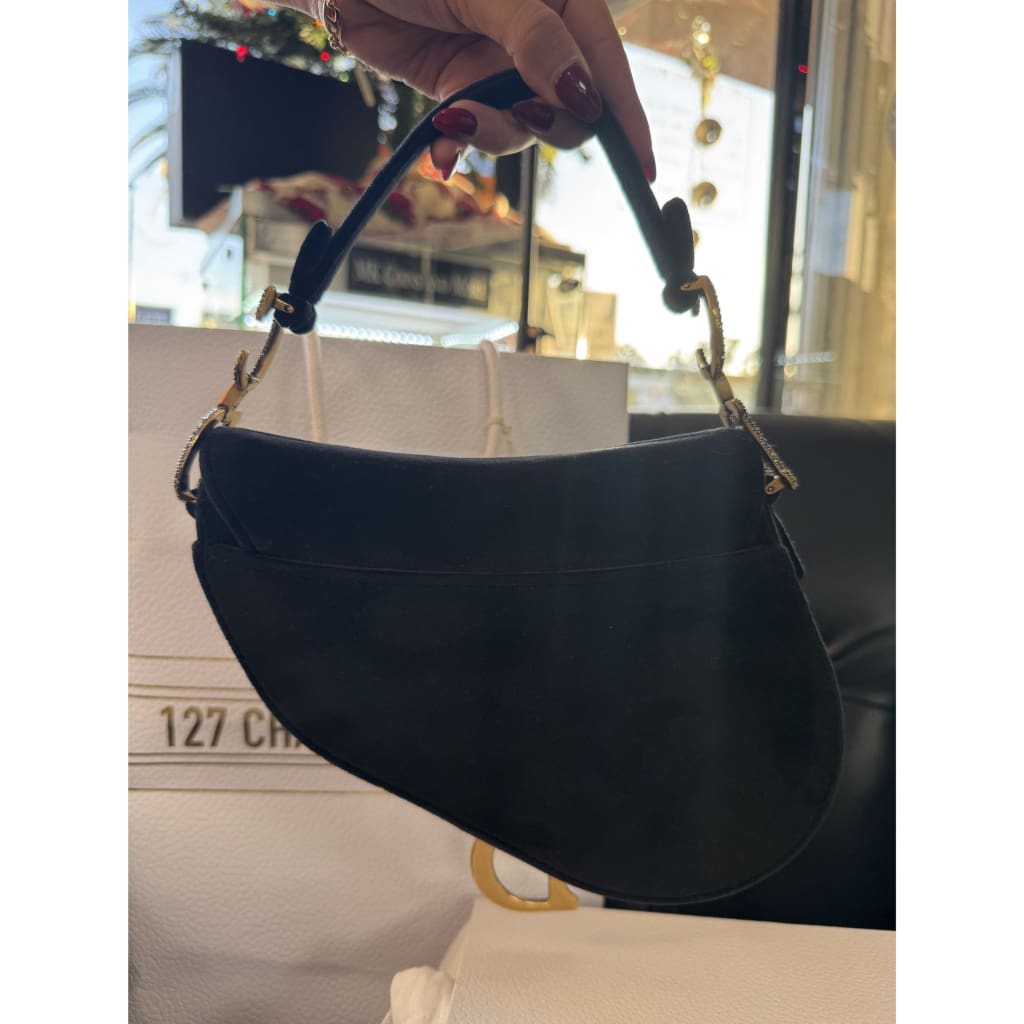 Dior NWB Velvet And Rhinestone Saddle Bag From Paris with Box Gift bag Dust Bag and COA - Black / Velvet / Top Handle Bag