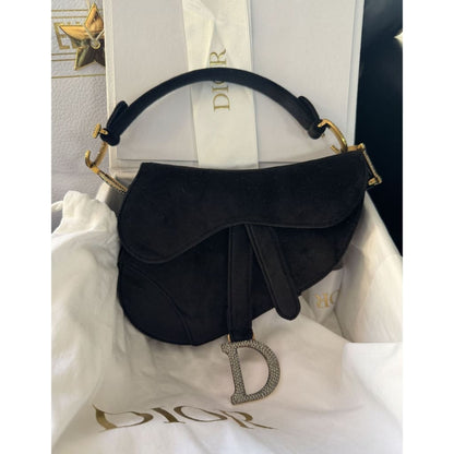 Dior NWB Velvet And Rhinestone Saddle Bag From Paris with Box Gift bag Dust Bag and COA - Black / Velvet / Top Handle Bag