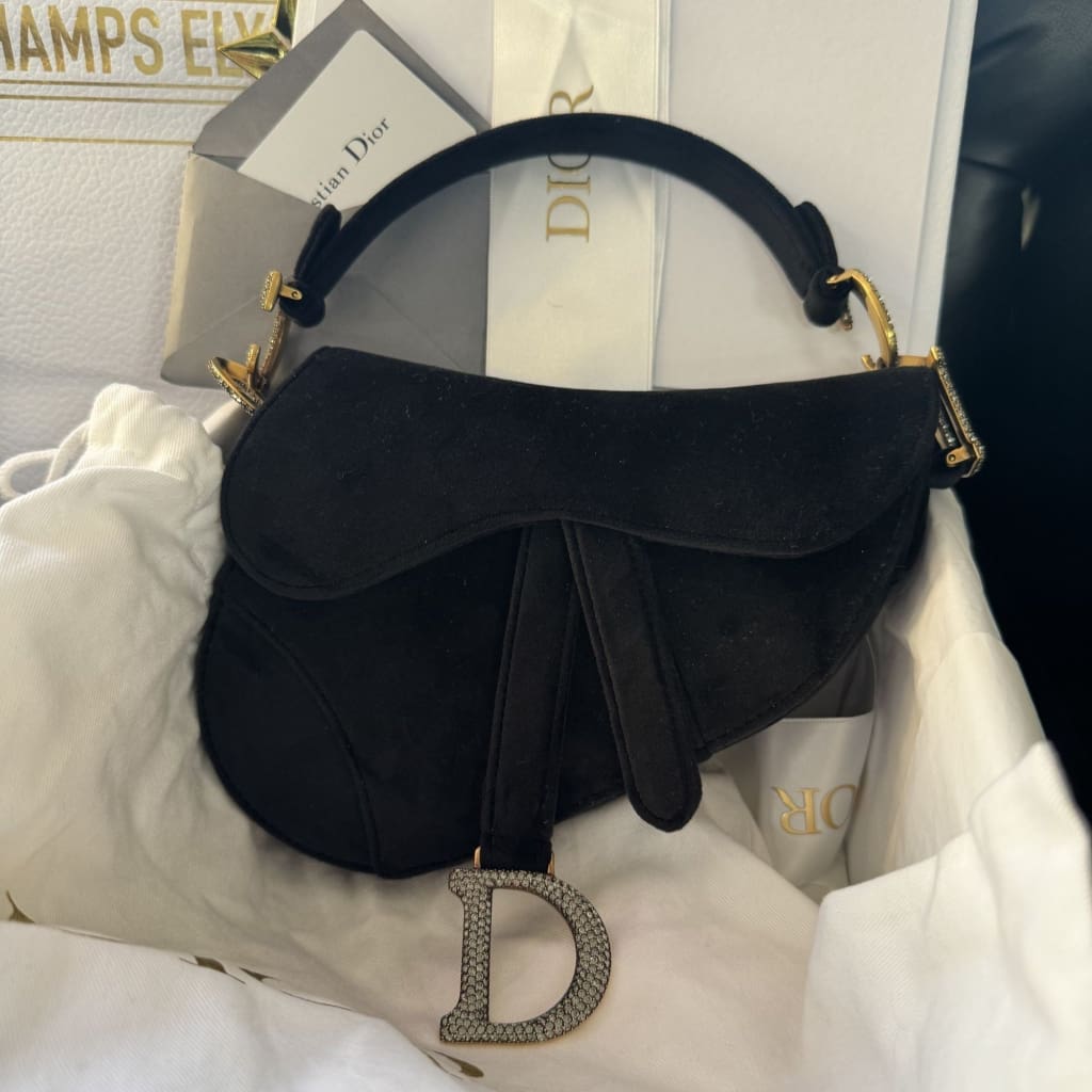 Dior NWB Velvet And Rhinestone Saddle Bag From Paris with Box Gift bag Dust Bag and COA - Black / Velvet / Top Handle Bag