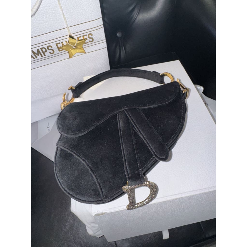 Dior NWB Velvet And Rhinestone Saddle Bag From Paris with Box Gift bag Dust Bag and COA - Black / Velvet / Top Handle Bag