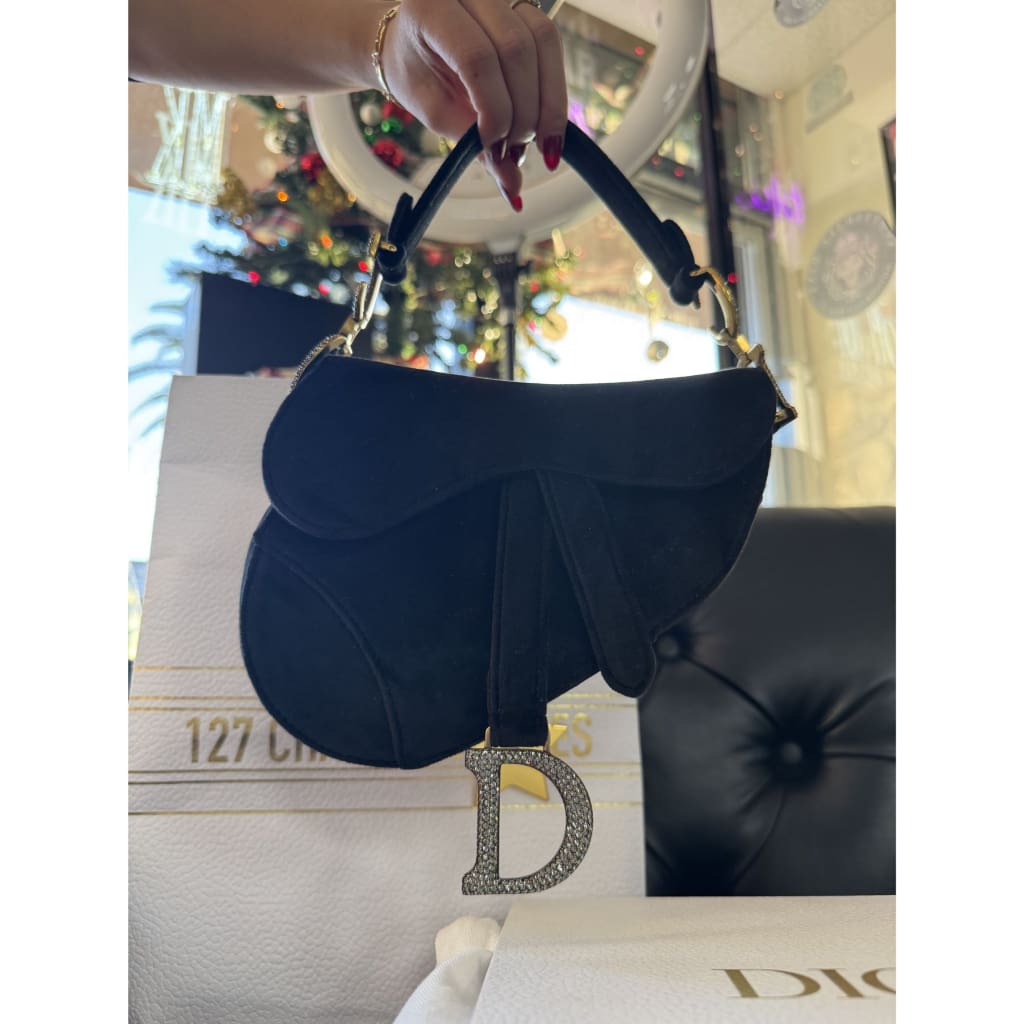 Dior NWB Velvet And Rhinestone Saddle Bag From Paris with Box Gift bag Dust Bag and COA - Black / Velvet / Top Handle Bag