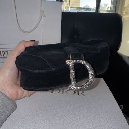 Dior NWB Velvet And Rhinestone Saddle Bag From Paris with Box Gift bag Dust Bag and COA - Black / Velvet / Top Handle Bag