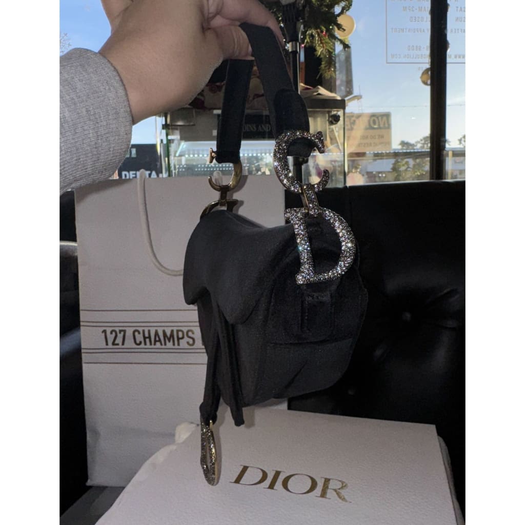 Dior NWB Velvet And Rhinestone Saddle Bag From Paris with Box Gift bag Dust Bag and COA - Black / Velvet / Top Handle Bag