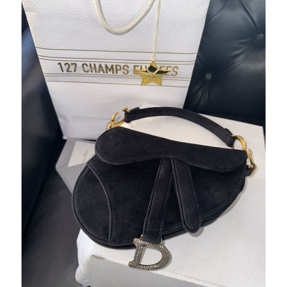 Dior NWB Velvet And Rhinestone Saddle Bag From Paris with Box Gift bag Dust Bag and COA - Black / Velvet / Top Handle Bag