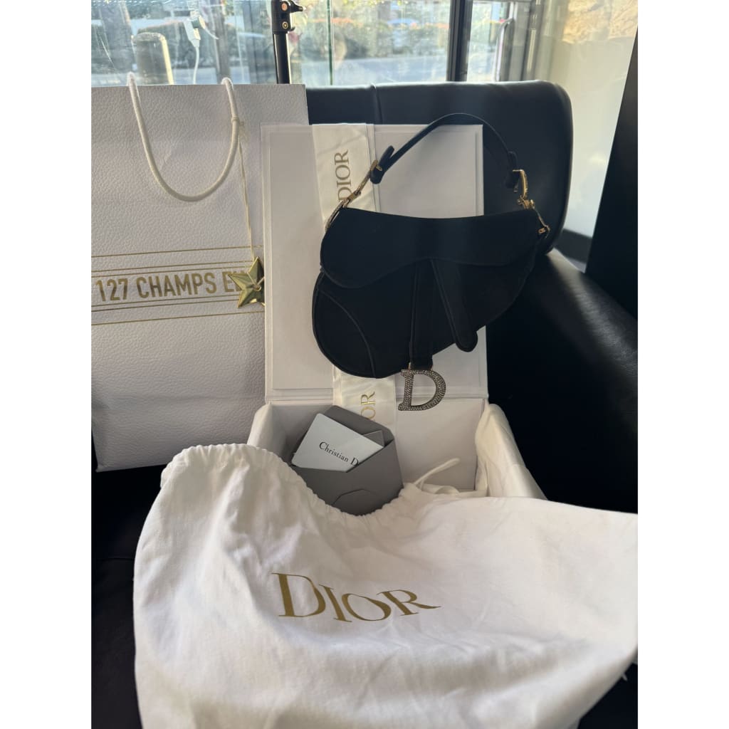 Dior NWB Velvet And Rhinestone Saddle Bag From Paris with Box Gift bag Dust Bag and COA - Black / Velvet / Top Handle Bag