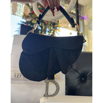 Dior NWB Velvet And Rhinestone Saddle Bag From Paris with Box Gift bag Dust Bag and COA - Black / Velvet / Top Handle Bag