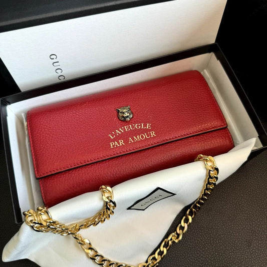 GUCCI Animalier Tiger Red Continental Long Wallet w/ Box & Chain (MSRP $1000 + ) - Red / Leather / snap