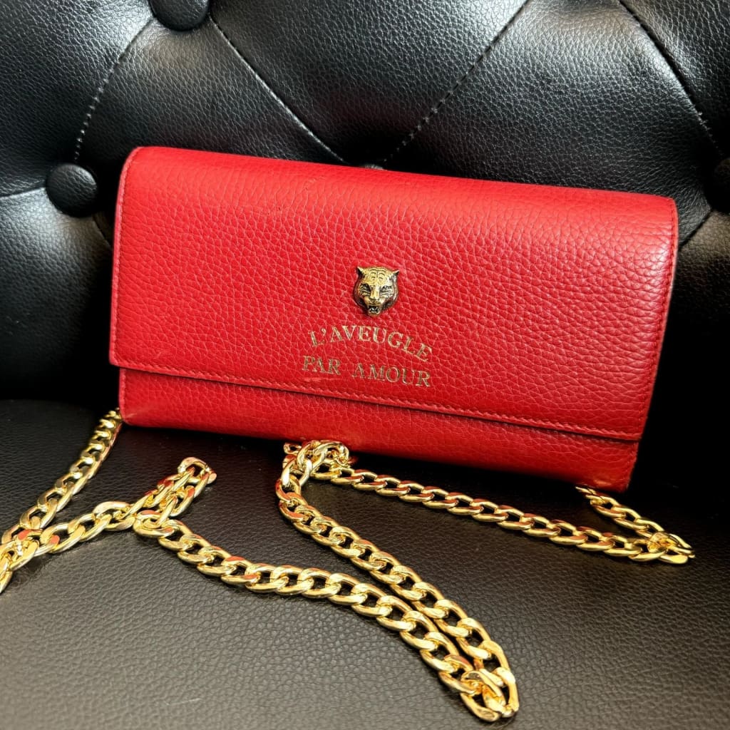 GUCCI Animalier Tiger Red Continental Long Wallet w/ Box & Chain (MSRP $1000 + ) - Red / Leather / snap