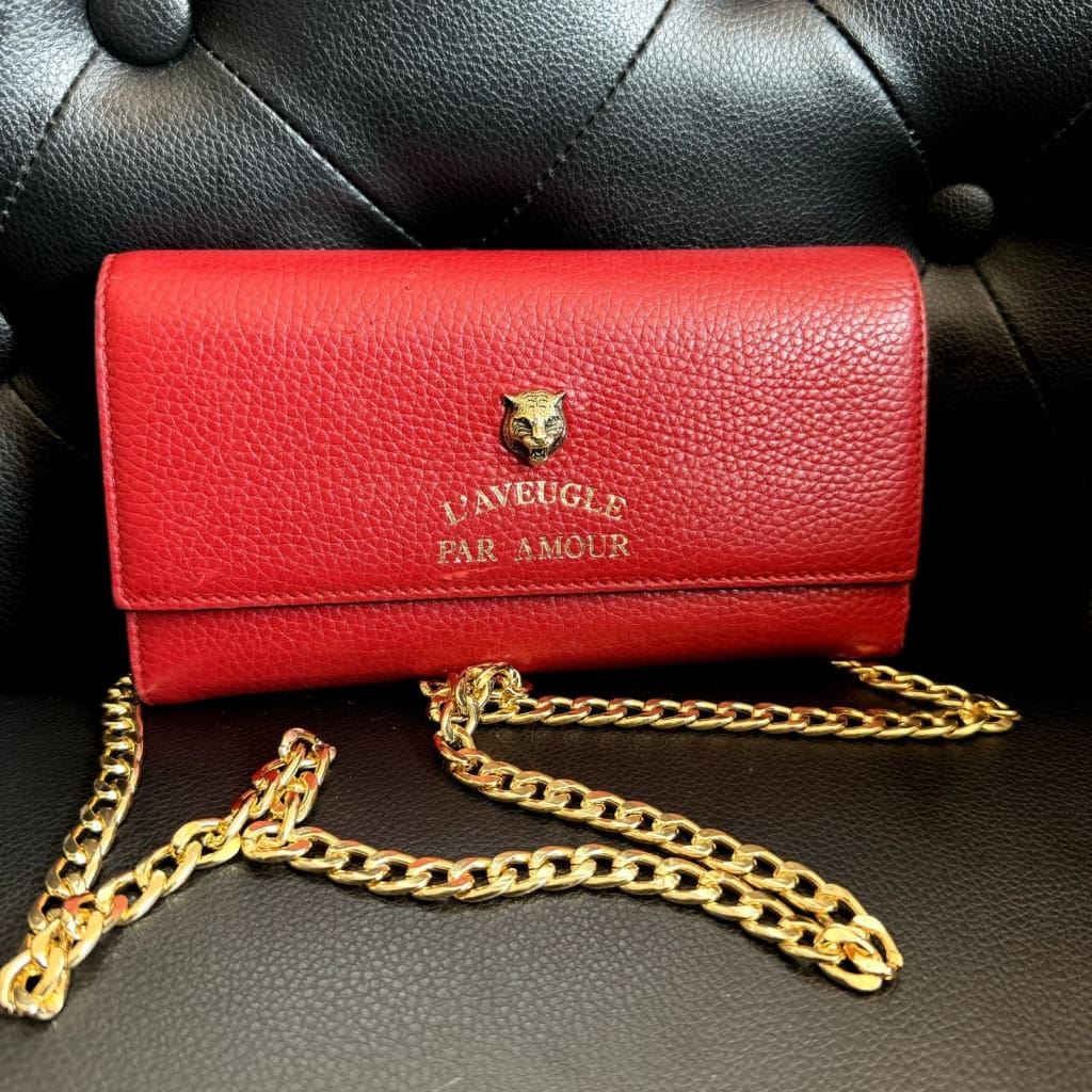 GUCCI Animalier Tiger Red Continental Long Wallet w/ Box & Chain (MSRP $1000 + ) - Red / Leather / snap