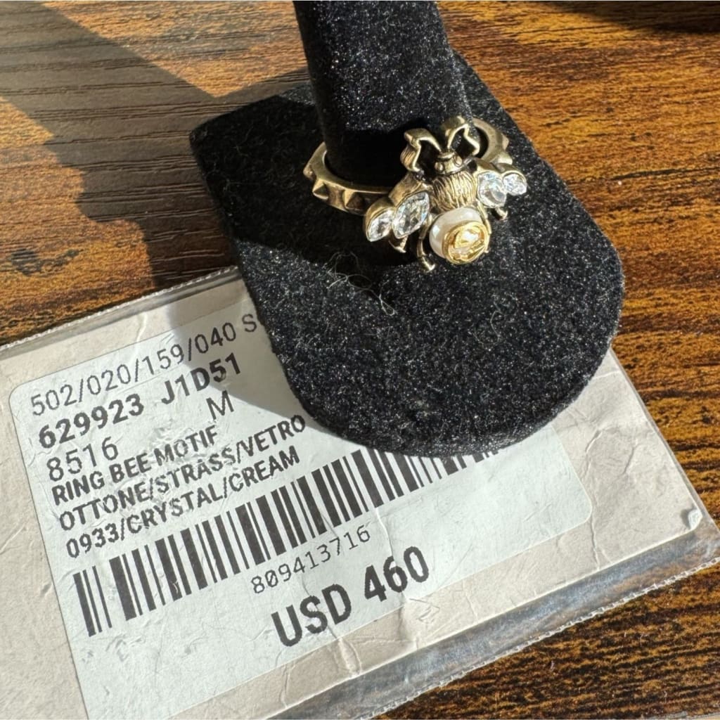 Gucci Faux Pearl & Crystal Interlocking G Bee Ring Size Medium- 7/12 NWT - 7 1/2 / Bronze / Crystal