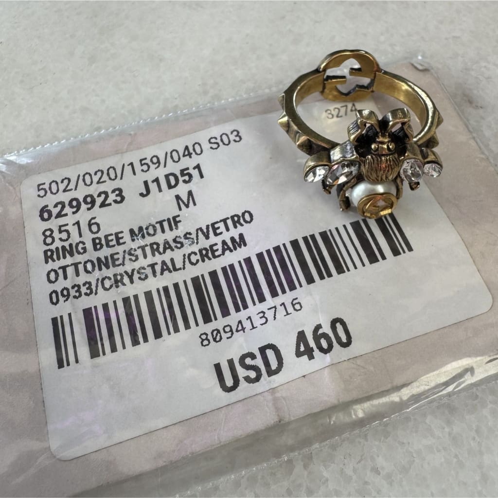 Gucci Faux Pearl & Crystal Interlocking G Bee Ring Size Medium- 7/12 NWT - 7 1/2 / Bronze / Crystal