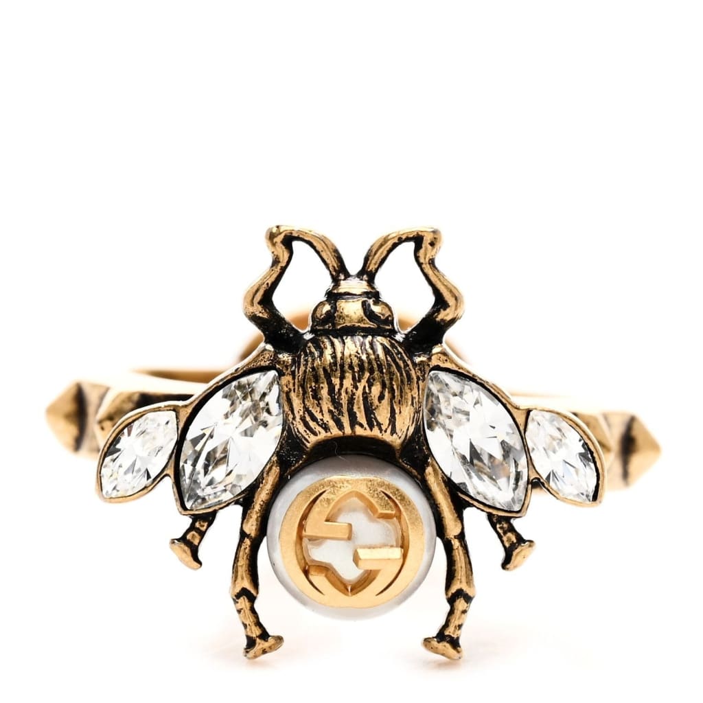 Gucci Faux Pearl & Crystal Interlocking G Bee Ring Size Medium- 7/12 NWT - 7 1/2 / Bronze / Crystal