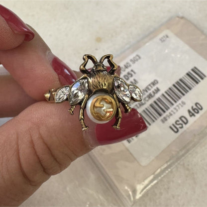 Gucci Faux Pearl & Crystal Interlocking G Bee Ring Size Medium- 7/12 NWT - 7 1/2 / Bronze / Crystal