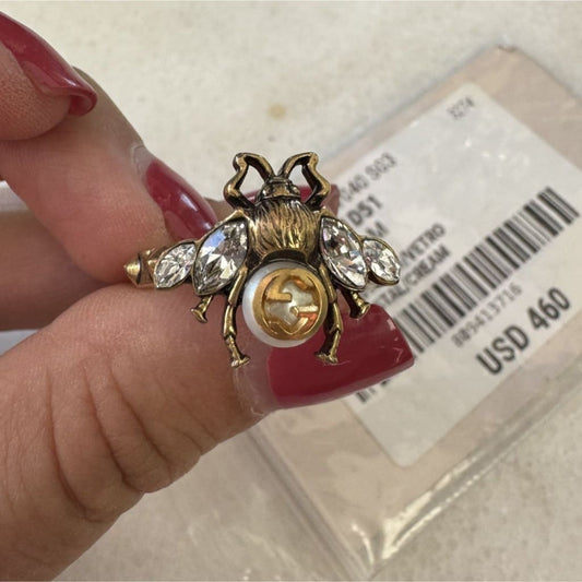 Gucci Faux Pearl & Crystal Interlocking G Bee Ring Size Medium- 7/12 NWT - 7 1/2 / Bronze / Crystal